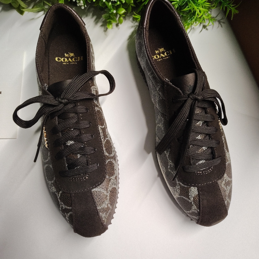Coach Ivory Signature Monogram Sneakers | Black-Brown Chestnut Leather Trim - Picture 5 of 9